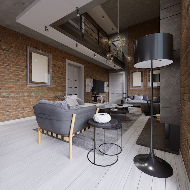 Modern contemporary loft design living room apartment interior. 3d rendering