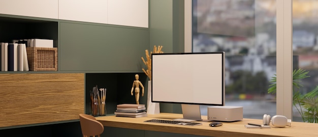 Modern contemporary office interior with PC desktop computer mockup and office accessories