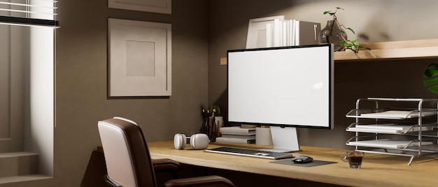 Modern contemporary workstation with computer and decor on wood table against the grey wall