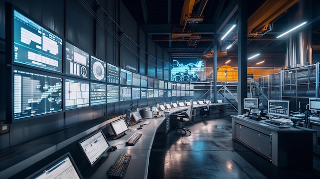 Modern control room with multiple computer screens and technical equipment Concept of security monitoring technology data analysis industrial operations