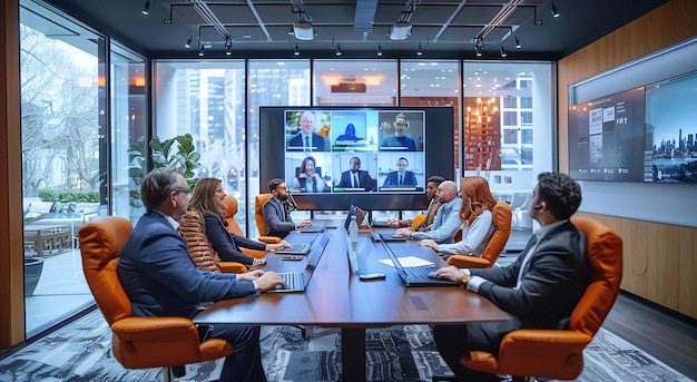 Modern corporate boardroom meeting with professionals around a table and a video conference on a large screen