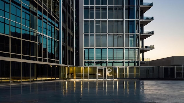 Modern corporate building exterior with clear blue sky