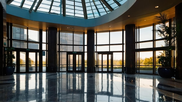 Modern corporate lobby interior with natural lighting