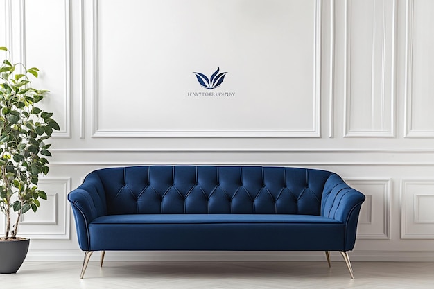 modern corporate logo design on an elegant white wall with a blue sofa Ai photo