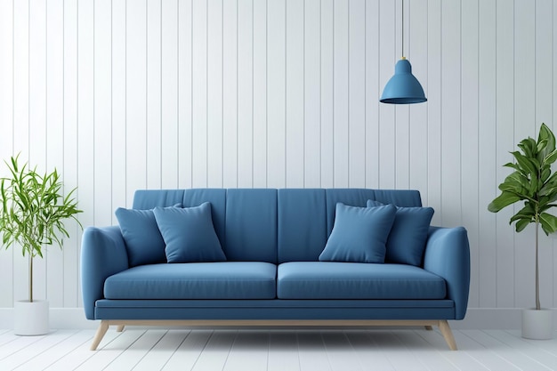 modern corporate logo design on an elegant white wall with a blue sofa Ai photo