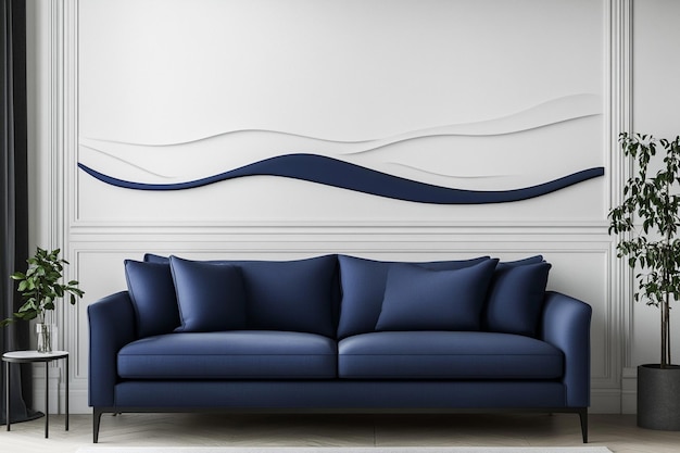 modern corporate logo design on an elegant white wall with a blue sofa Ai photo