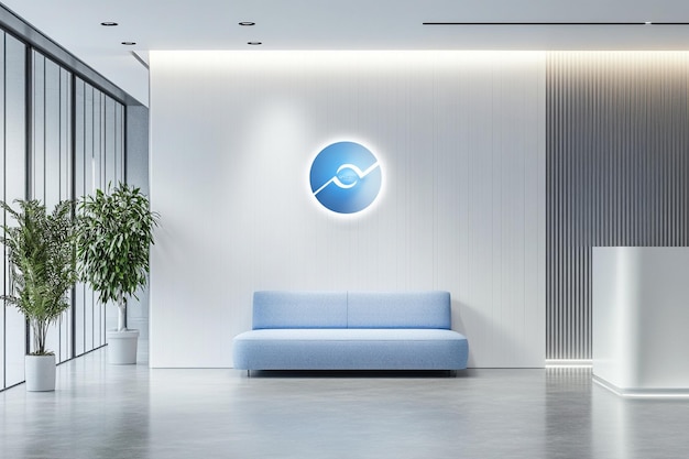 modern corporate logo design on an elegant white wall with a blue sofa Ai photo