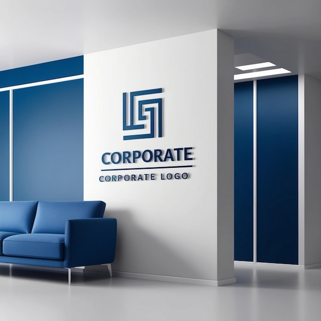 modern corporate logo design on an elegant white wall with a blue sofa mockup Ai photo