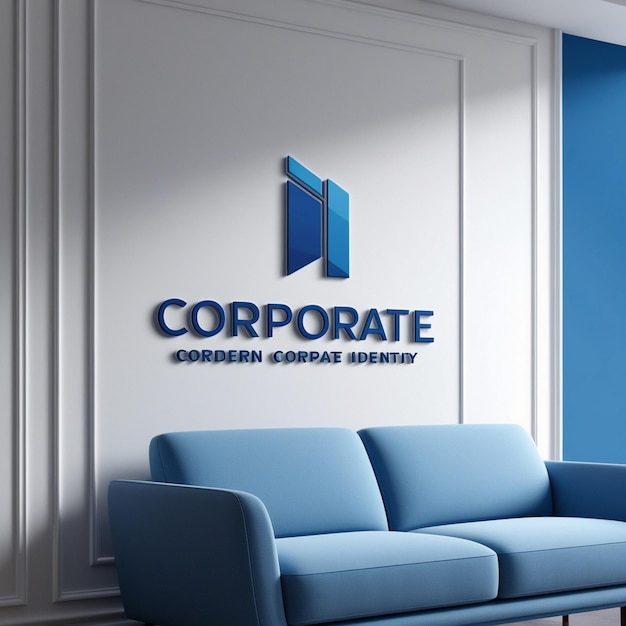 modern corporate logo design on an elegant white wall with a blue sofa mockup Ai photo