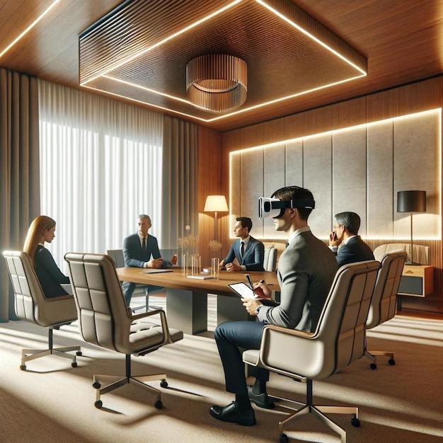 Modern Corporate Meeting with One Executive Using Virtual Reality Headset