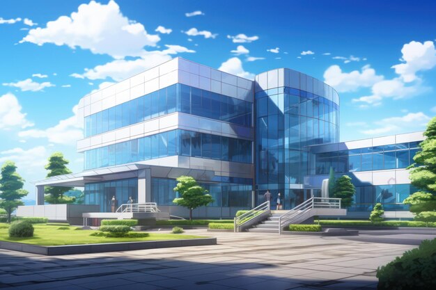 Modern corporate office building under clear blue sky