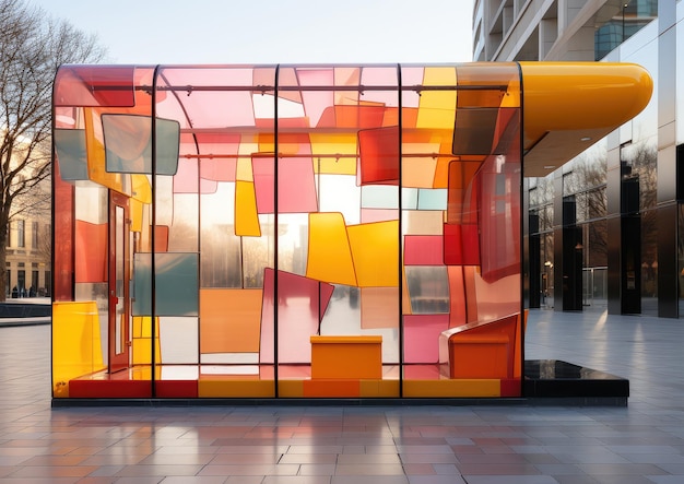 Modern Cosy Colorful Bus Shelter on a Sidewalk extreme closeup Generative AI