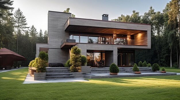 modern cottage made of concrete and glass with green plants