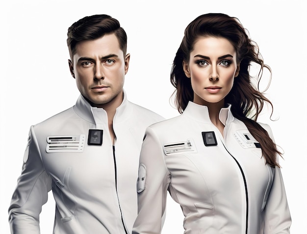 Photo modern couple sporting futuristic smart uniforms in crisp white