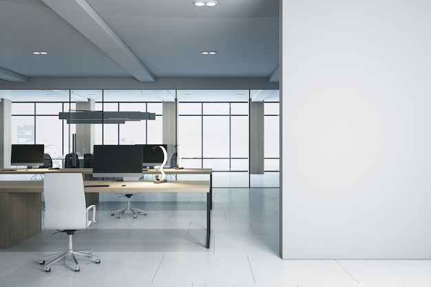 Modern coworking office interior with blank mock up place on wall wooden and concrete details window with city view and daylight 3D Rendering