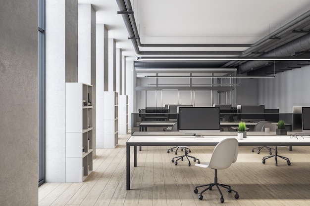 Modern coworking office interior with wooden floor