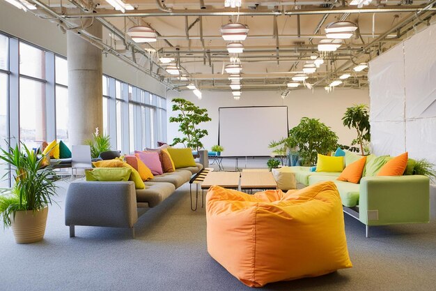 A modern coworking space with flexible workstations comfortable couches and a whiteboard