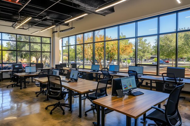 Modern coworking space with large windows overlooking trees in the afternoon Generative AI