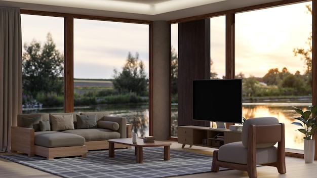 Modern cozy cottage house living room with sofa TV on tv cabinet and window with lake view