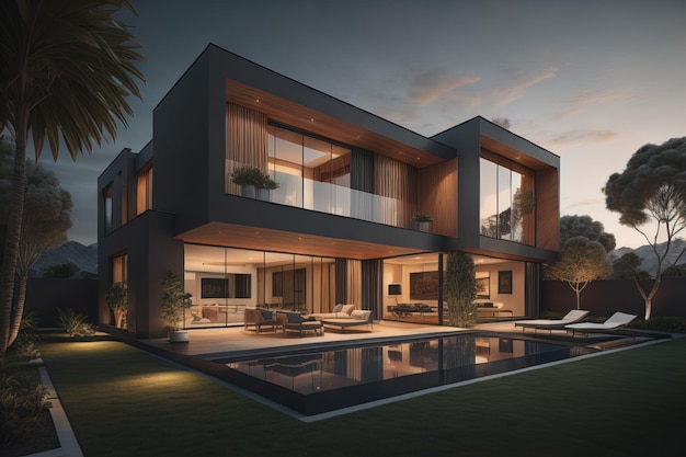 modern cozy house with pool and parking for sale or rent in luxurious style and beautiful landscaping on background Clear summer evening with warm light from window generative ai