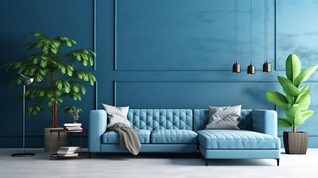 Modern cozy living room and blue wall texture background interior design 3D rendering Generative AI