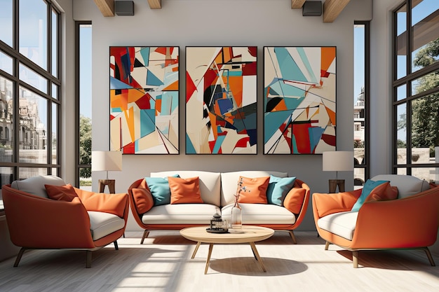 modern and cozy living room with furniture and a large abstract painting on the wall Generate Ai