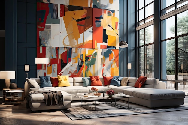 modern and cozy living room with furniture and a large abstract painting on the wall Generate Ai