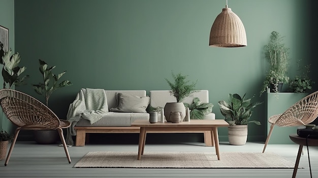 Modern cozy living room with monochrome sage green wall Contemporary interior design with trendy wall color table house plants and chair Generative AI