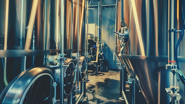 Modern craft brewery with shiny stainless steel tanks and advanced brewing equipment