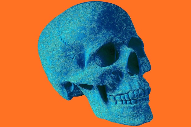 Modern creative colored graphic sculpture with multi background digital texture with human skull