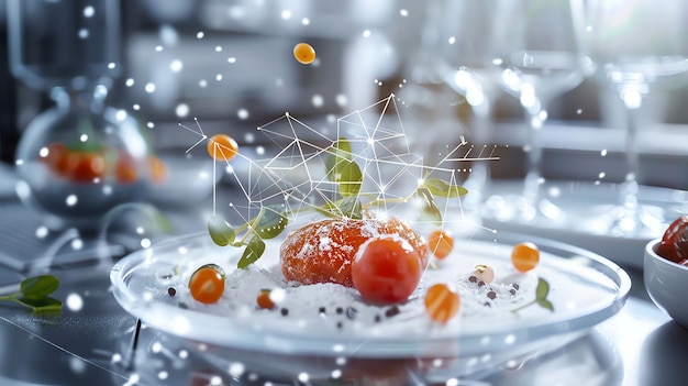 Photo a modern culinary creation featuring a red tomato small orange tomatoes and greens with an abstract digital network design superimposed