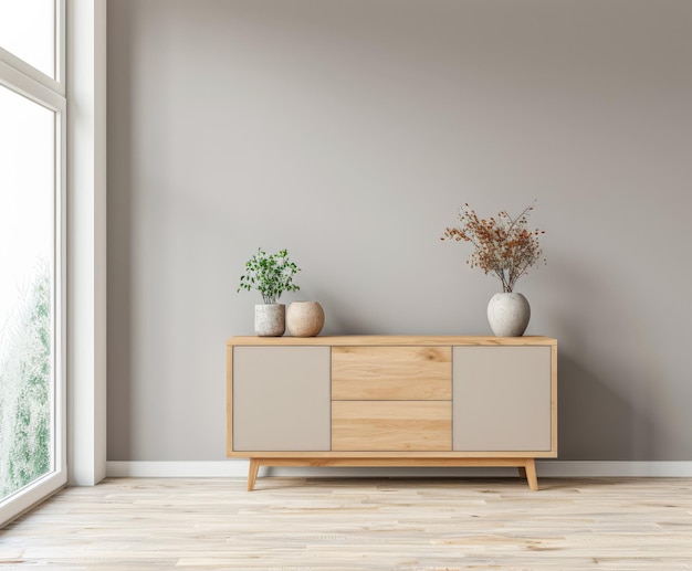 Modern cupboard next to a window Interior design composition with minimal furniture and copy space