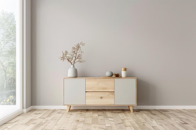 Modern cupboard next to a window Interior design composition with minimal furniture and copy space