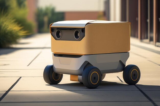 Photo modern cute robot courier delivery with cargo container parked on sidewalk in street robotic service technology of future generative ai