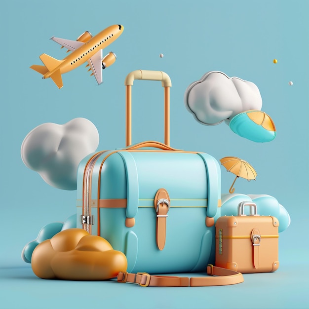 Modern D Travel Icon Concept with Blue Suitcase and Luggage Bag