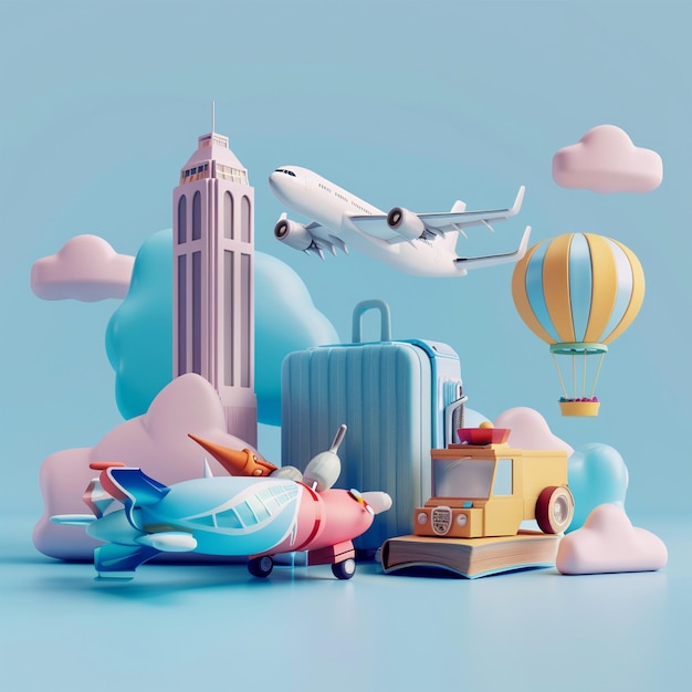 Modern D Travel Icon with Airplane Over Luggage concept