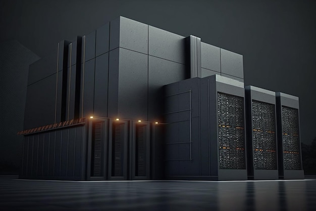 Modern dark data center focus on the foreground