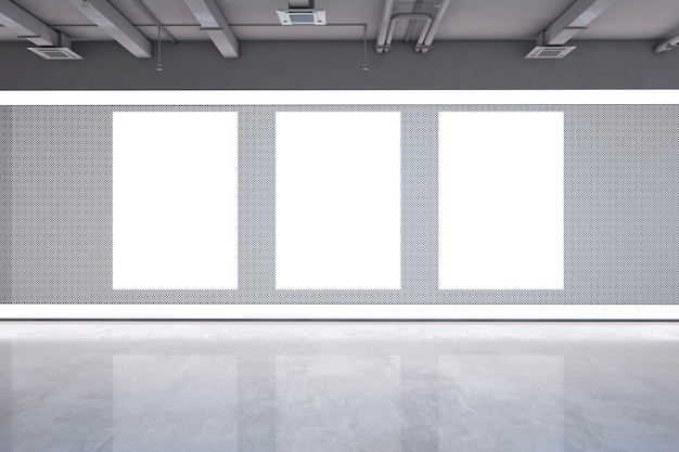 Modern dark grunge concrete exhibition hall interior with empty white mock up frames on wall 3D Rendering