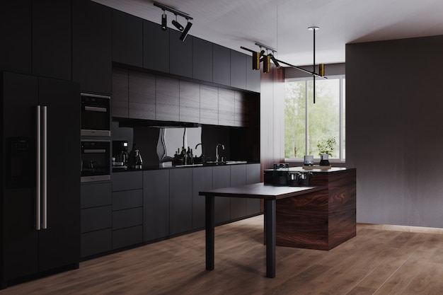 Modern dark kitchen and dining room interior with furniture and kitchenware