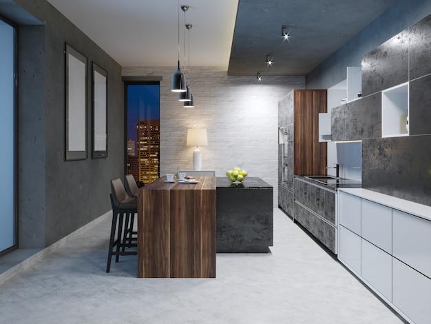 Modern dark kitchen interior with furniture and equipment. 3D Rendering