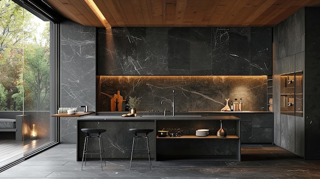 Modern Dark Kitchen Interior with Stone Countertops Wooden Ceiling and Ambient Lighting