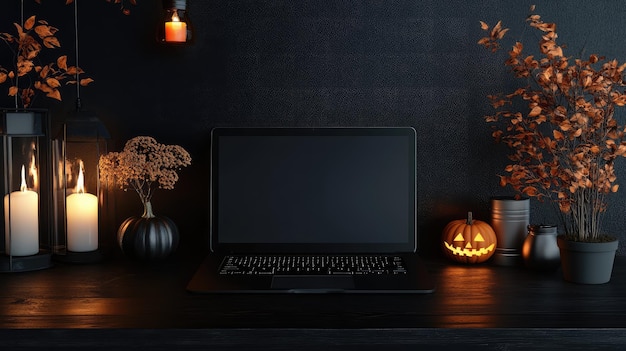 Photo modern dark working space with halloween decor laptop mockup candles and pumpkin lamps 3d illustration ai generated illustration