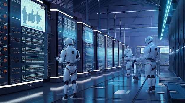 Modern Data Center Interior with Sleek Servers RealTime Analytics and Robotic Data Management