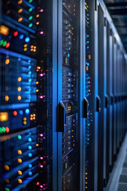 Photo modern data center with rows of server racks and colorful led lights in a hightech environment