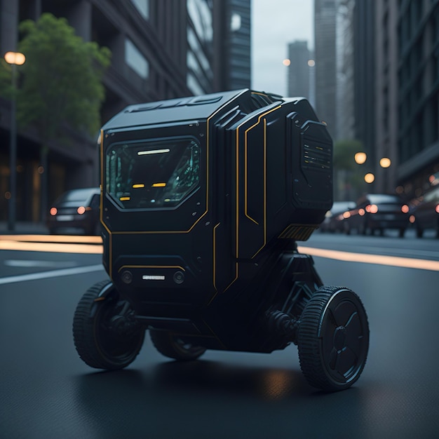 A modern delivery robot with city in the background Generative AI