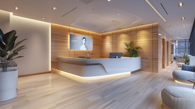 Modern dental clinic reception with comfortable seating and warm lighting