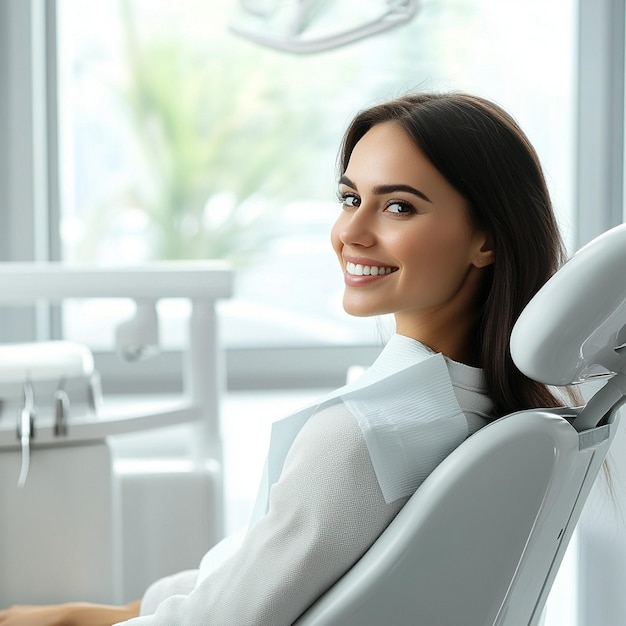 Photo modern dental patient smiling in clinic chair