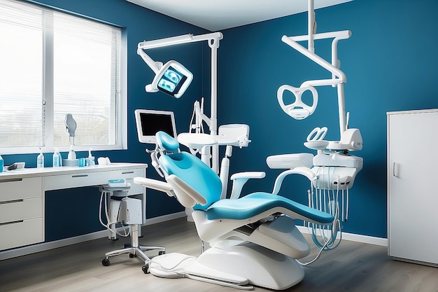 Modern dental practice Dental chair and other accessories used by dentists in blue