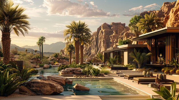 Modern Desert Oasis with Palm Trees and Mountain View