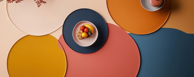 Photo modern design of four circular table placemats with vibrant colors and gourmet food presentation including fresh fruit and pastries on elegant dishes for a contemporary dining setting